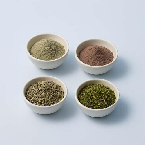 Four bowls of dulse powder, mullein leaf powder, horehound herb, and peppermint leaf arranged on a soft blue background.