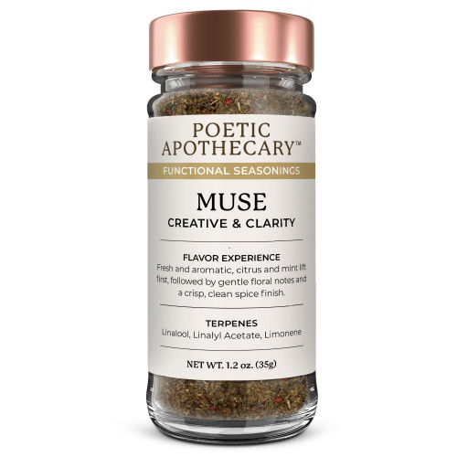 Poetic Apothecary Muse Organic Functional Seasoning by Starwest Botanicals. Organic seasoning blend with coriander, fennel, lavender, lemon balm, peppermint, pink pepper, juniper, lemon peel, and cloves in a glass spice jar.