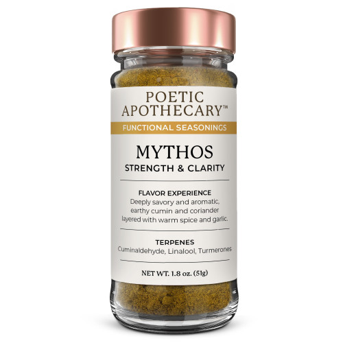 Poetic Apothecary Mythos Organic Functional Seasoning by Starwest Botanicals. Organic seasoning blend with cumin, coriander, cardamom, fenugreek, cinnamon, garlic, bay leaf, turmeric, and ginger in a glass spice jar.
