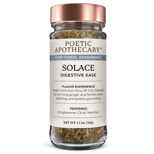 Poetic Apothecary Solace Organic Functional Seasoning by Starwest Botanicals in a glass spice jar. Terpene-driven organic seasoning blend with ginger, fennel, peppermint, chamomile, lemon balm, and citrus for a bright, soothing flavor experience.