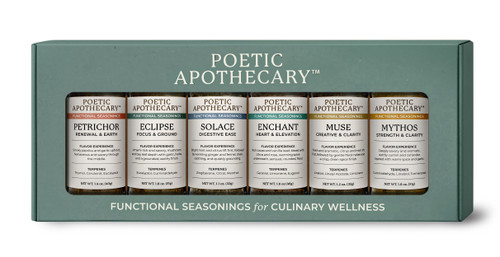 The image shows a premium slate-green gift box featuring a wide rectangular window that displays a row of six clear glass spice jars. Centered above the window, the brand name "POETIC APOTHECARY™" is printed in elegant white serif type, while the tagline "FUNCTIONAL SEASONINGS for CULINARY WELLNESS" runs across the bottom of the box. Each jar is topped with a copper-colored metallic lid and features a minimalist cream label with a distinct color-coded bar corresponding to its specific blend. From left to right, the collection includes Mythos for Strength & Clarity with a golden-ochre accent, Enchant for Heart & Elevation with a seafoam-green accent, and Eclipse for Focus & Ground with a slate-gray accent. These are followed by Petrichor for Renewal & Earth with a terracotta accent, Muse for Creative & Clarity with a champagne-gold accent, and Solace for Digestive Ease with a slate-blue accent. The jars reveal a variety of textures, ranging from finely ground, rich earthy spices to coarse botanical blends with visible leaf fragments and floral flecks.