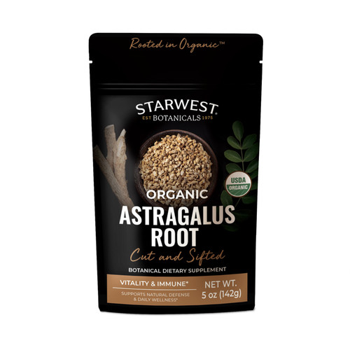 Organic Astragalus Root by Starwest Botanicals in a black resealable pouch featuring cut and sifted astragalus root, USDA Organic seal, and “Vitality & Immune” wellness support callout.