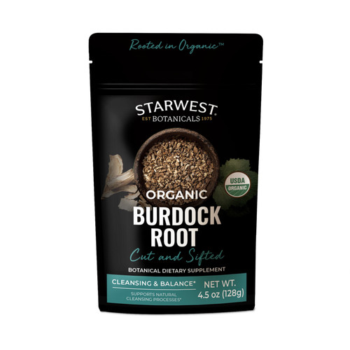 Organic Burdock Root by Starwest Botanicals in a black resealable pouch featuring cut and sifted burdock root, USDA Organic seal, and “Cleansing & Balance” wellness support callout.
