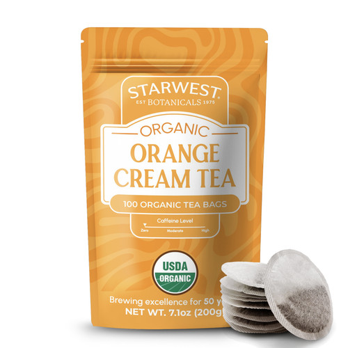 Starwest Botanicals Organic Orange Cream Tea, 100 organic tea bags. USDA Organic caffeine-free rooibos tea blend with orange peel and vanilla in a bright orange resealable pouch.
