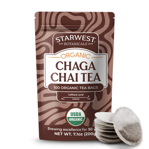 Starwest Botanicals Organic Chaga Chai Tea, 100 organic tea bags. USDA Organic pu-erh tea with chaga mushroom and traditional chai spices in a brown resealable pouch.