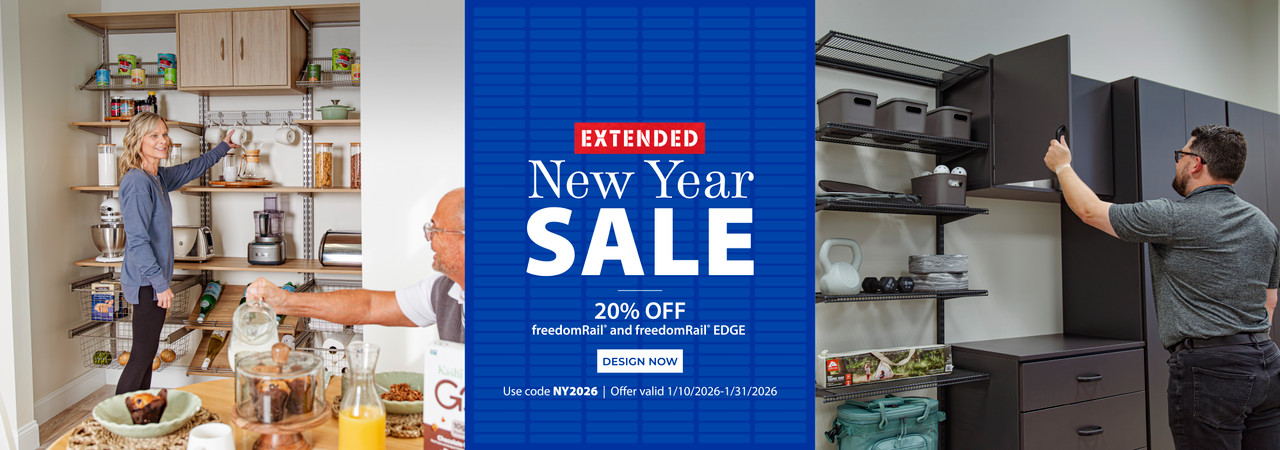 Split image featuring an Organized Living freedomRail pantry in Blonde Oak on the left with food containers, one person reaching for a coffee mug, and another seated at a kitchen table. In the center, a blue box displays “EXTENDED New Year Sale. 20% off f