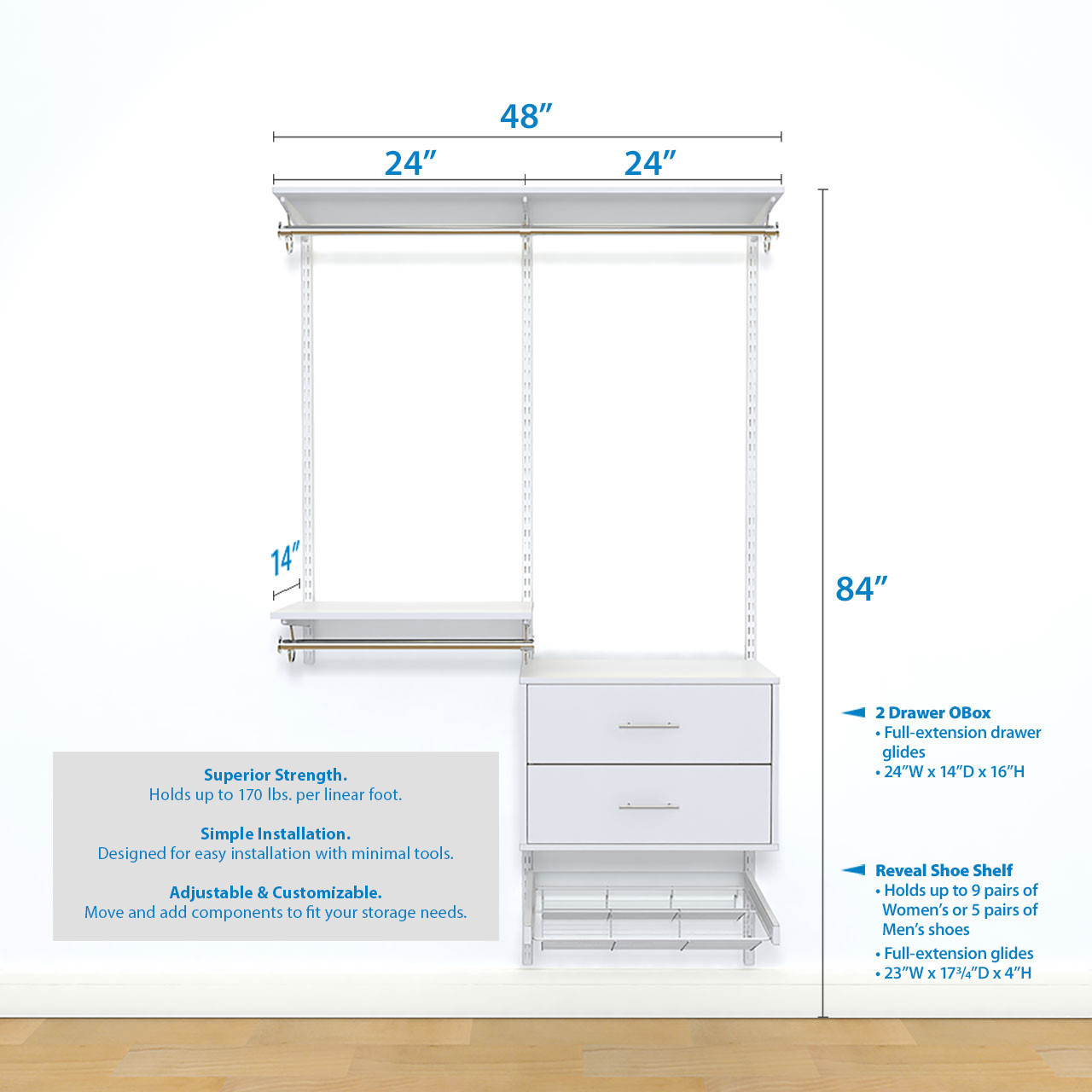 freedomRail Ultimate Adjustable Closet Kit, 48" 52" Organized Living