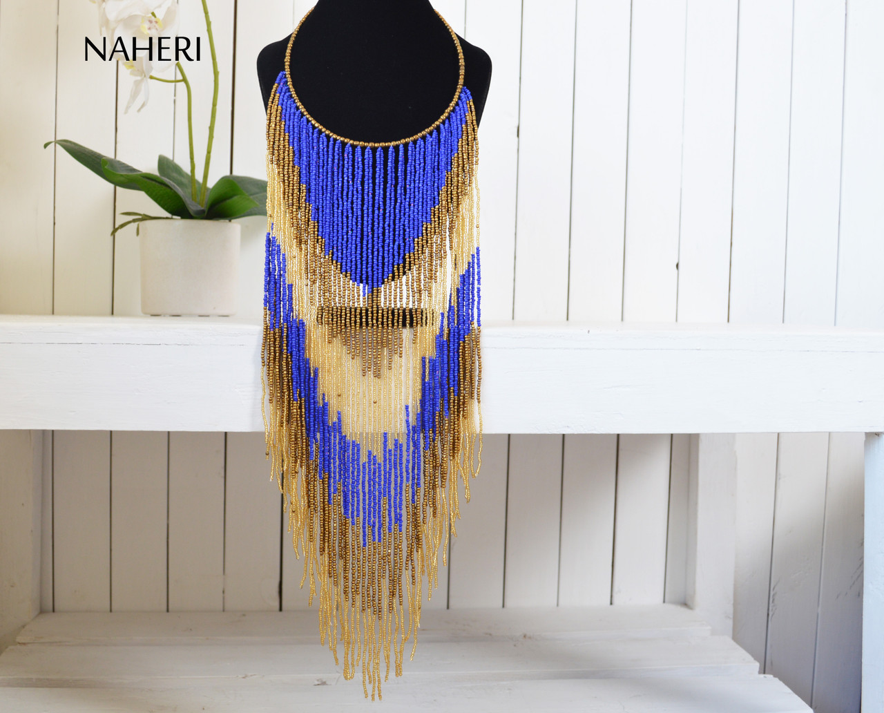 African beaded fringe necklace blue jewelry