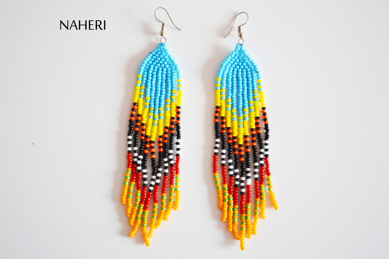 Blue beaded earrings Red beaded fringe earrings Extra long gradient earrings  - Shop White Bird gallery of exquisite jewelry from Halyna Nalyvaiko  Earrings & Clip-ons - Pinkoi