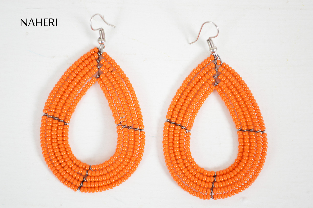 African beaded hoop earrings solid orange jewelry NAHERI