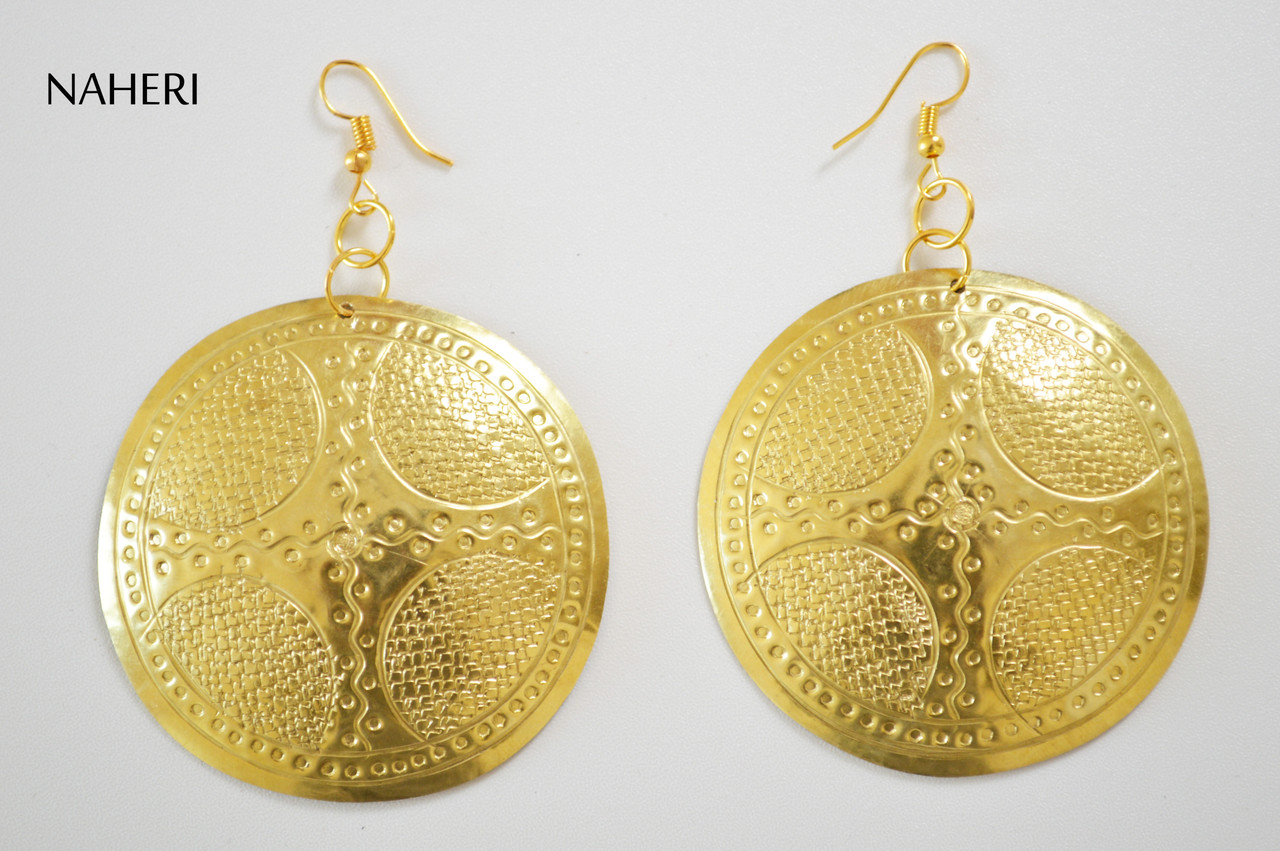 Engraved brass earrings African inspired jewelry NAHERI