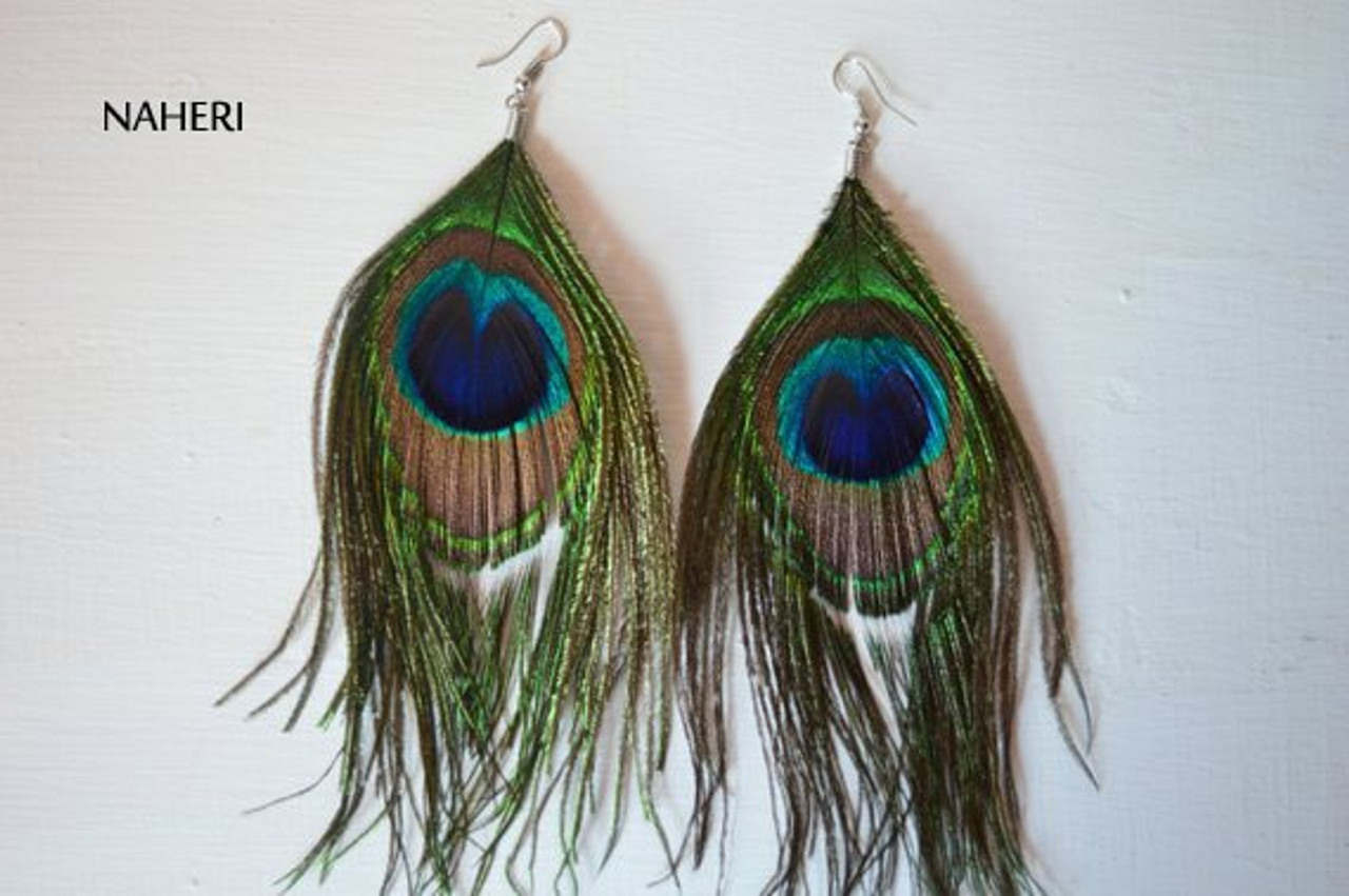 African inspired peacock feather earrings | NAHERI