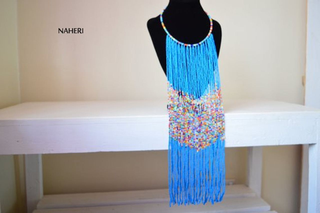 African beaded fringe necklace blue jewelry