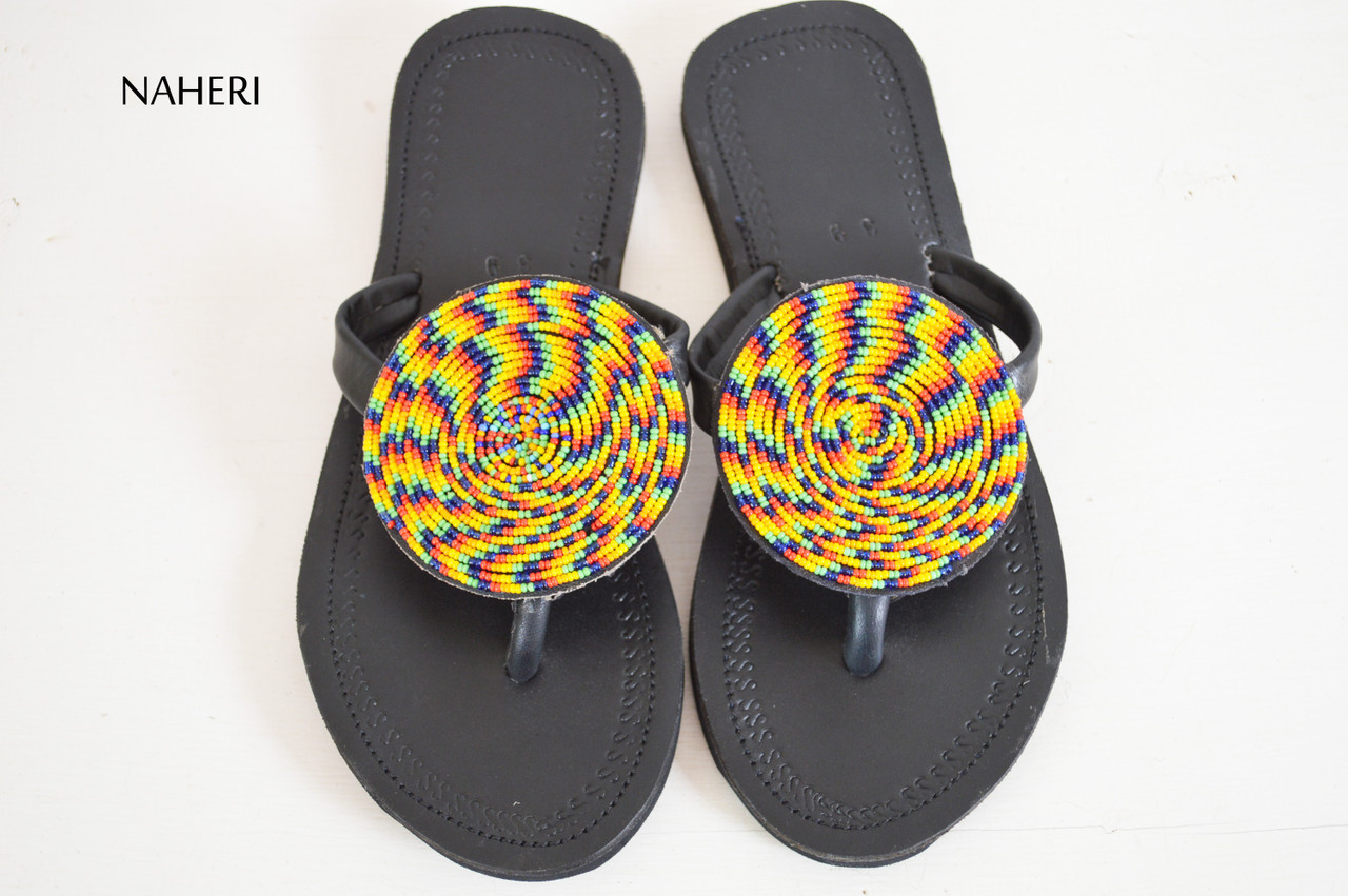 Kenya Womens Blk Leather Thong Sandals W Multi Colored Beading Sz 7 US 37  Euro | eBay