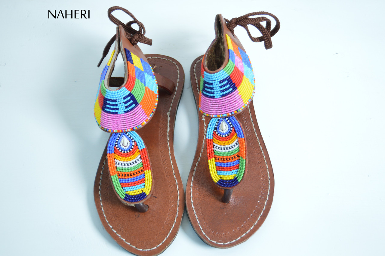 African beaded handmade leather summer sandals for women - LEA | NAHERI