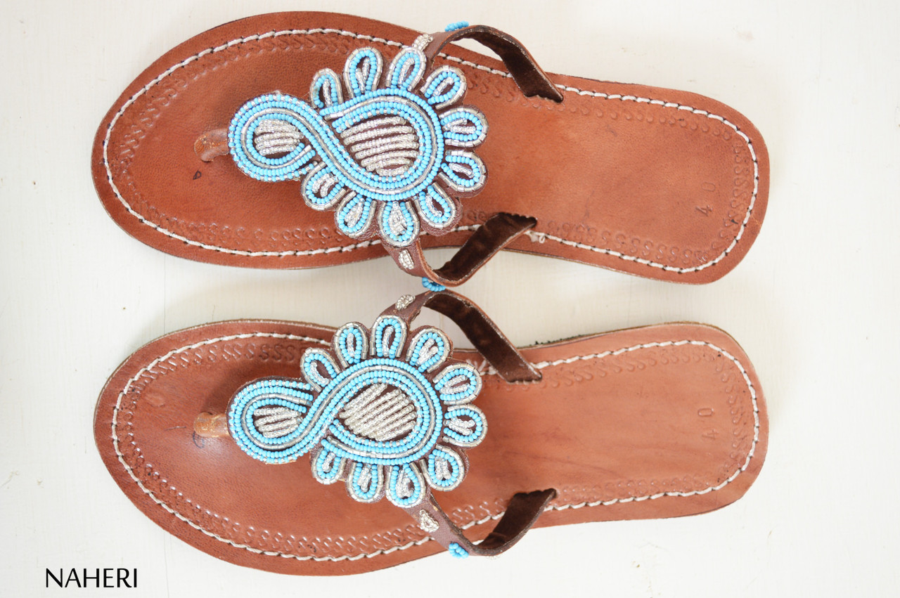 Maasai beaded African sandals handmade leather slip-ons - MAKALA | NAHERI