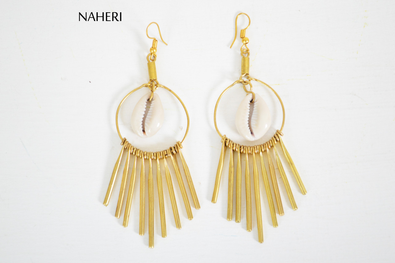 African brass earrings cowrie shell tribal jewelry | NAHERI