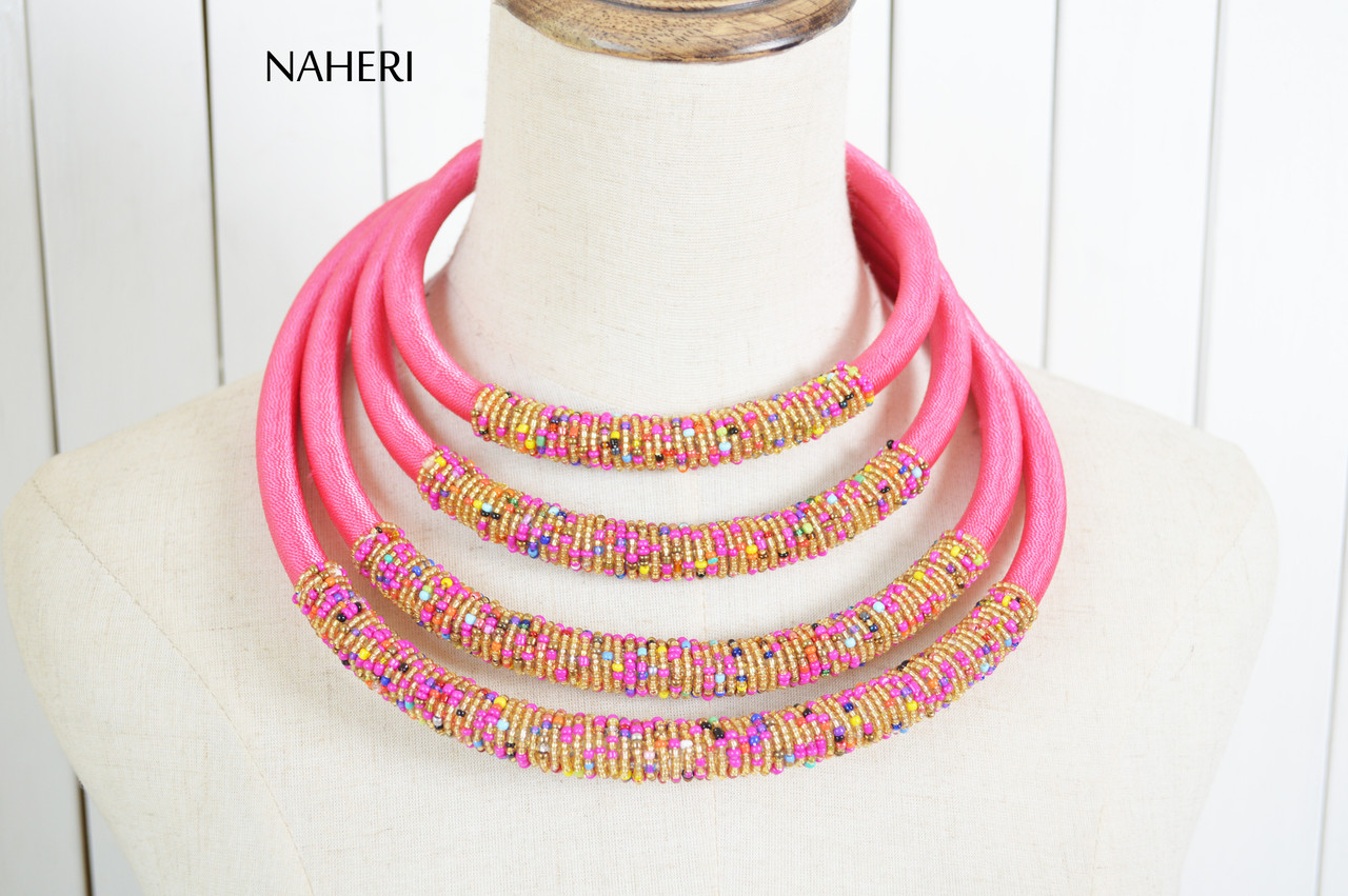 Green & Pink Stone Studded & Beaded Tasselled Necklace with earrings –  Roshni Boutique