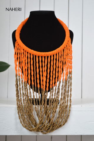 Orange African beaded infinity fringe necklace naheri