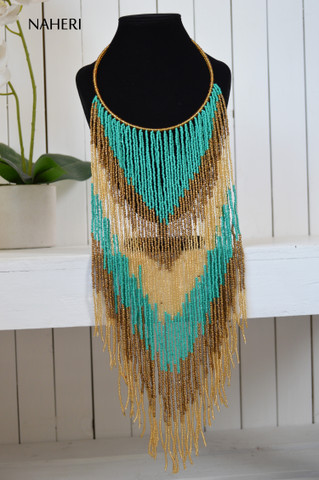 African beaded fringe necklace turquoise hand made naheri