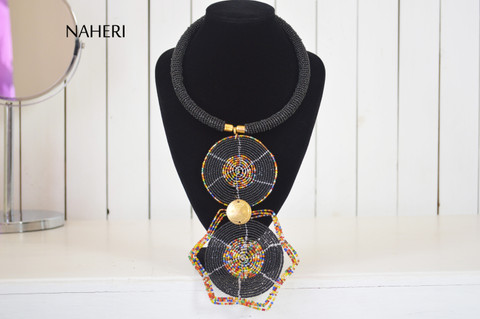 African beaded tribal pendant necklace black jewelry naheri
