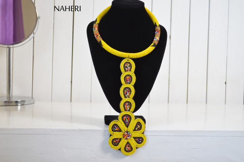 African jewelry beaded yellow necklace tribal naheri