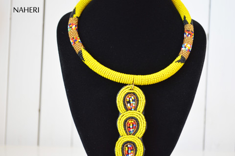 African jewelry beaded yellow necklace tribal naheri