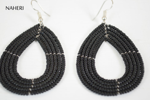 African beaded hoop earrings solid black jewelry naheri