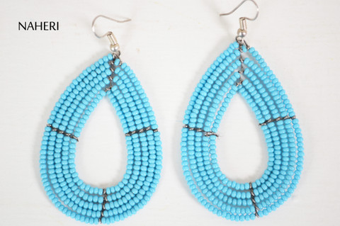 African beaded hoop earrings solid blue jewelry naheri