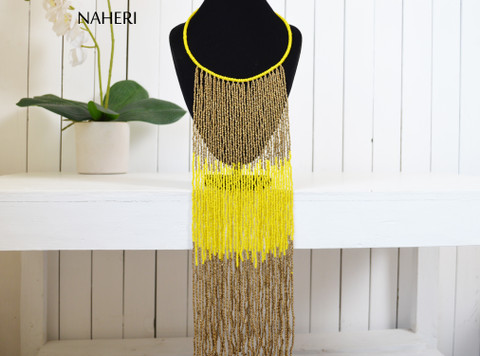 African beaded fringe necklace yellow copper jewelry naheri
