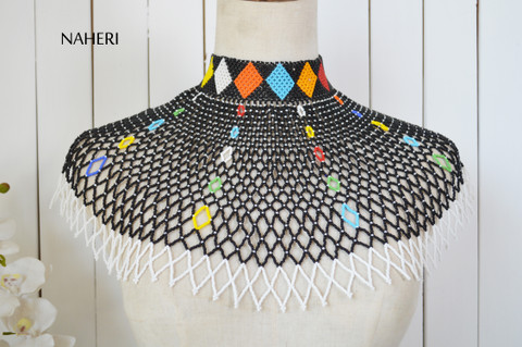 Statement Beaded Collar Necklace, Cowrie Shell Jewelry, African