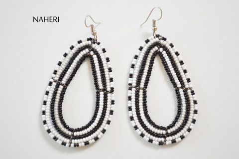 African beaded hoop earrings black and white jewelry tribal naheri