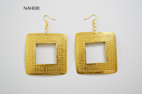 African fashion jewelry brass earrings square hoop tribal jewelry naheri