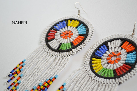 African beaded long fringe earrings white African fashion jewelry Naheri