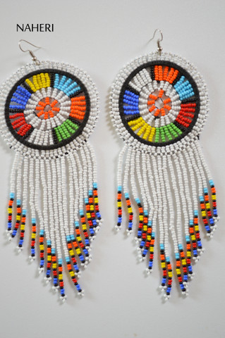 African beaded long fringe earrings white African fashion jewelry Naheri