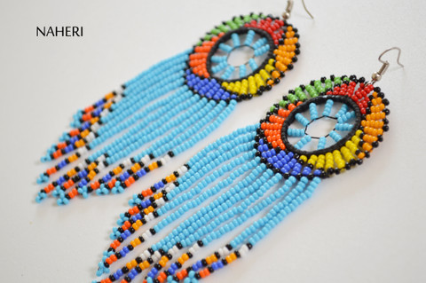 African beaded fringe earrings sky blue handmade African fashion jewelry Naheri