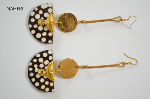 African polka dot bone earrings with brass African fashion jewelry Naheri