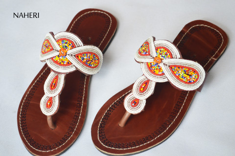 Maasai beaded African sandals handmade leather slip-ons - KIPEPEO by Naheri