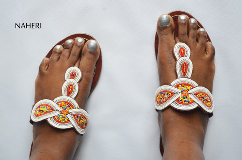 Maasai beaded African sandals handmade leather slip-ons - KIPEPEO by Naheri