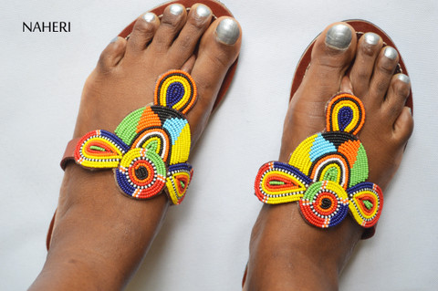 Maasai beaded African sandals handmade leather slip-ons - PEPEA by Naheri