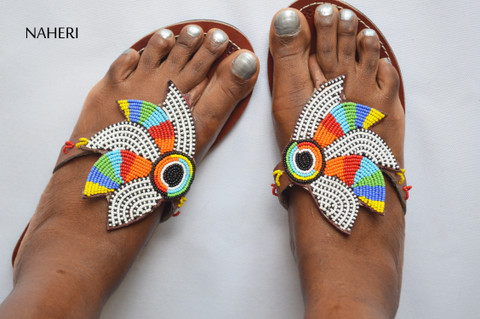 Maasai beaded African sandals handmade leather slip-ons - MAKALA by Naheri
