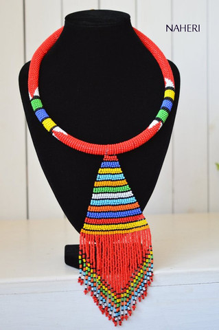 Red African beaded necklace with fringe pendant