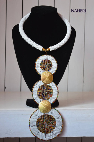 African tiered pendant necklace white with brass