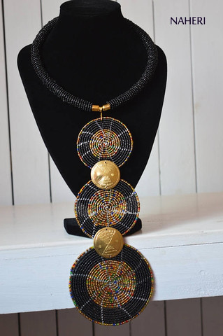 African tiered pendant necklace black with brass