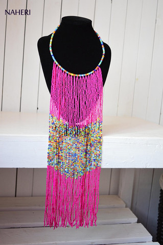 Pink African Beaded Fringe Necklace