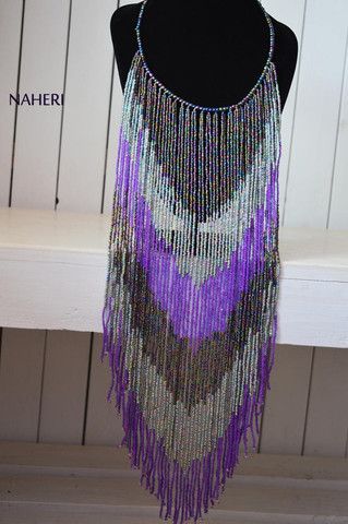 African handmade fringe necklace long purple