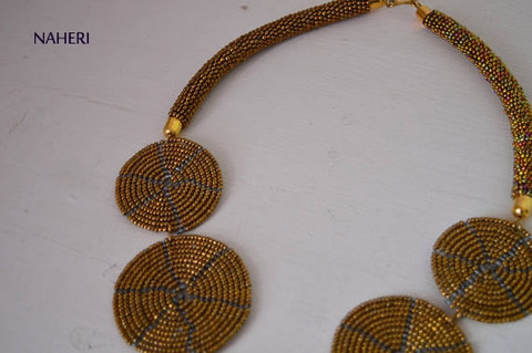 African beaded Necklace 5 circles copper