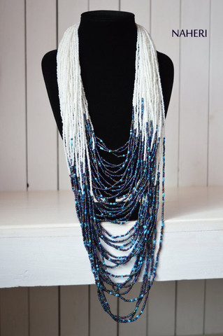 White and mix blue African Beaded Maasai Necklace