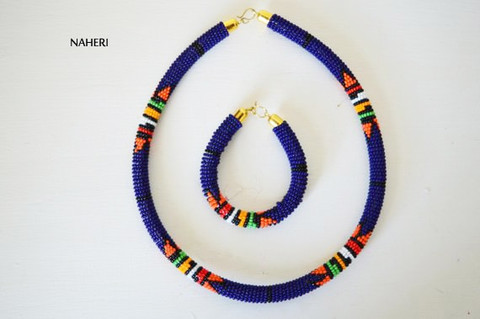 African zulu beaded choker necklace dark blue
