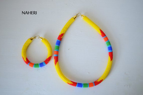 Yellow African beaded Zulu necklace with bracelet